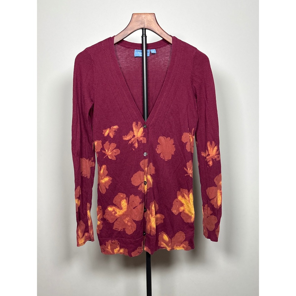 Simply Vera Wang Cardigan Womens XS Burgundy Floral 100% Cotton Y2K Preppy